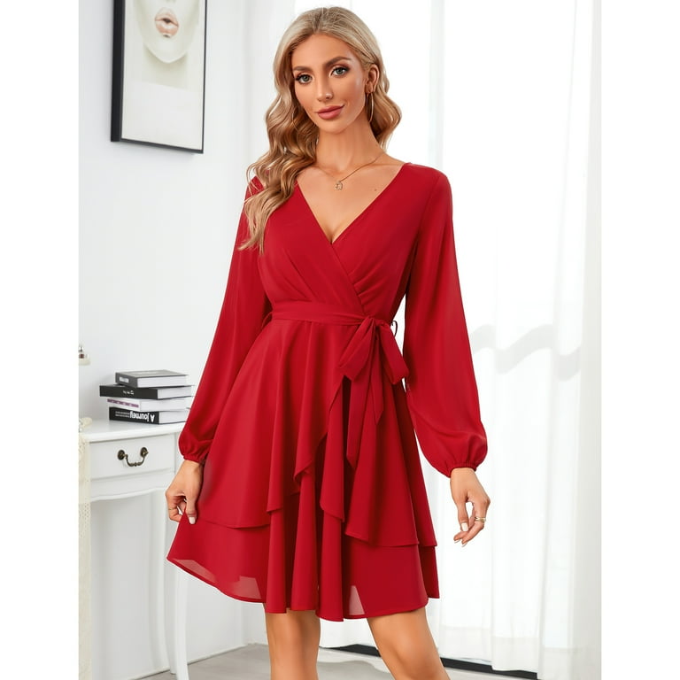 open lace back dress ROMY Square Neck Fluted Sleeve Mini Dress in Red main image 0