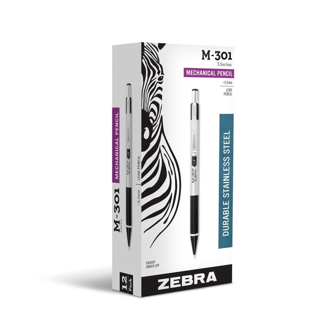 Zebra Pen, STEEL M-301 Mechanical Pencils, 0.5mm Fine Point, Refillable Lead, Stainless Steel Barrel, Built-in Eraser, Durable Clip, Lightweight Prec