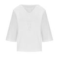 thumbnail image 5 of qolati Women's Summer Cotton Linen T Shirts Boho Hollow Out Crew Neck 3/4 Sleeve Solid Color Flowy Blouse Tops Casual Loose Beach Holiday Pullover Shirts, 5 of 6