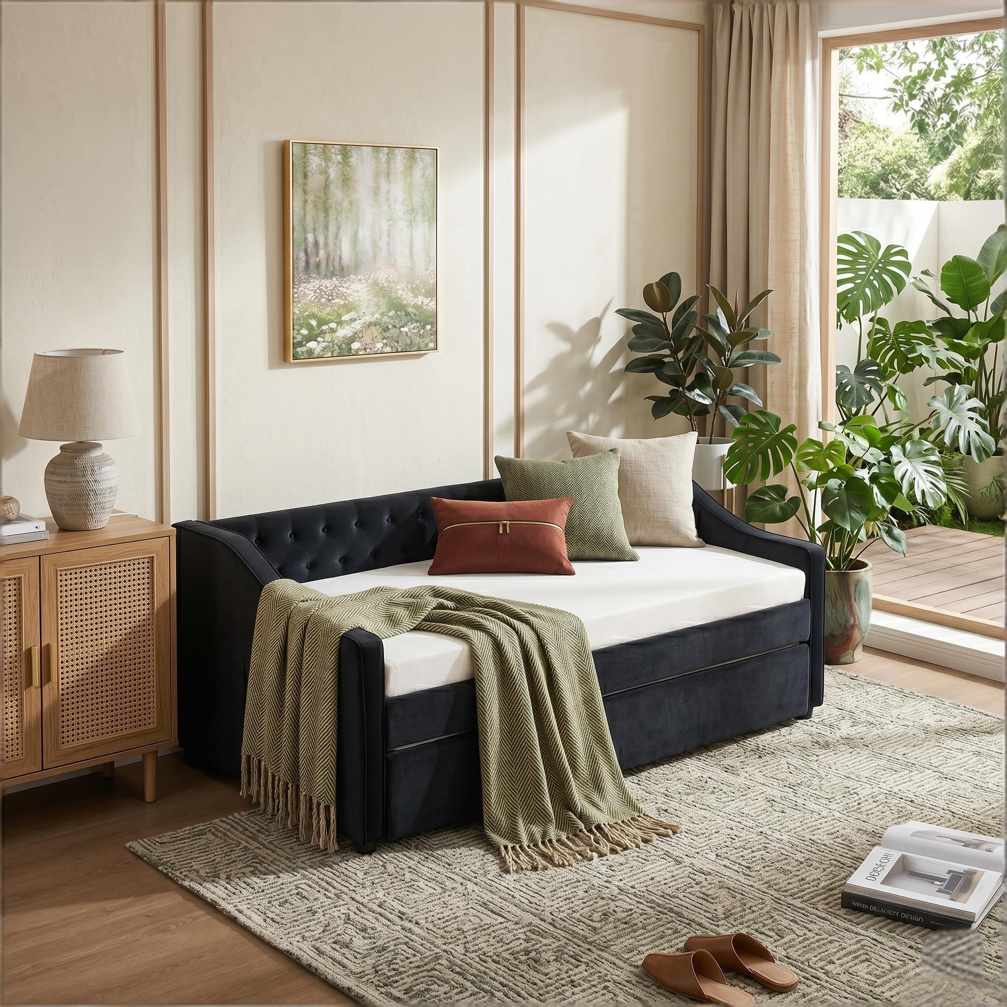Howcool Twin Size 3-in-1 Velvet Daybed with Trundle, USB Port & Side Pockets, Maximum Load Weight 250lb, Button-Tufted for Bedroom Guest Room