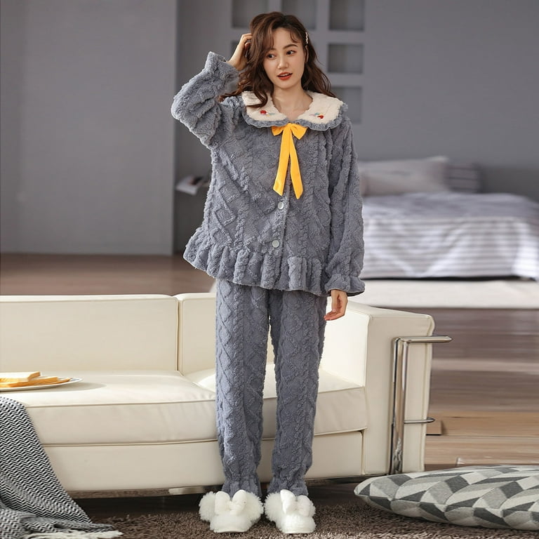 AherBiu Womens Plush Pajamas Sets Button down Turndown Collar Housecoat  Pants Cute 2pcs Homewear