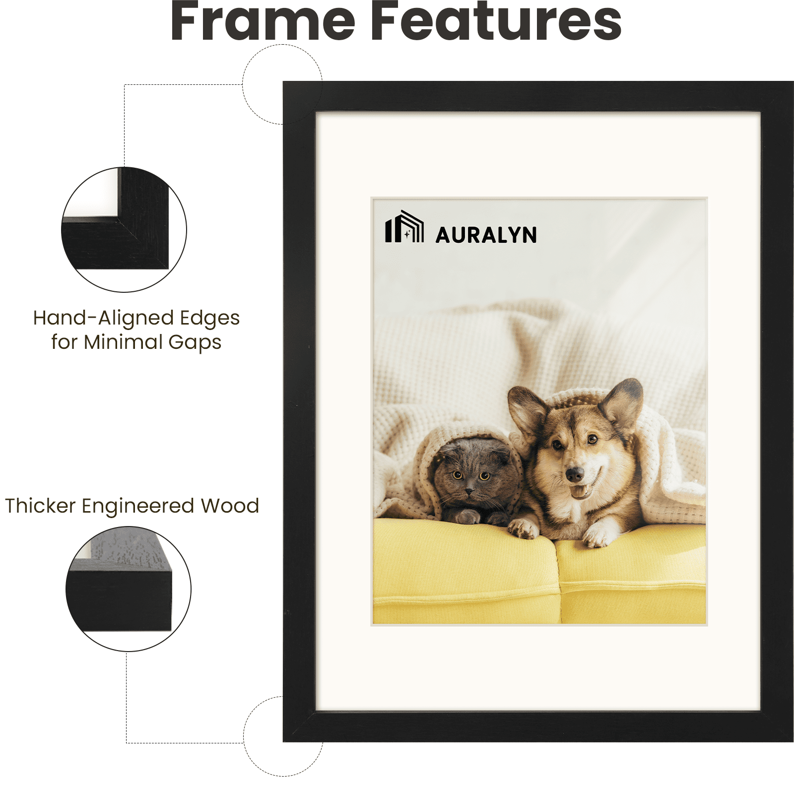 AURALYN 12x16 Picture Frame Set of 3 – Fits 8.5x11 with Mat or 12x16 Without Mat – Finger-Friendly, Easy to Hang, Includes Hanging Kit (Black Wood Grain, 3 Pack)