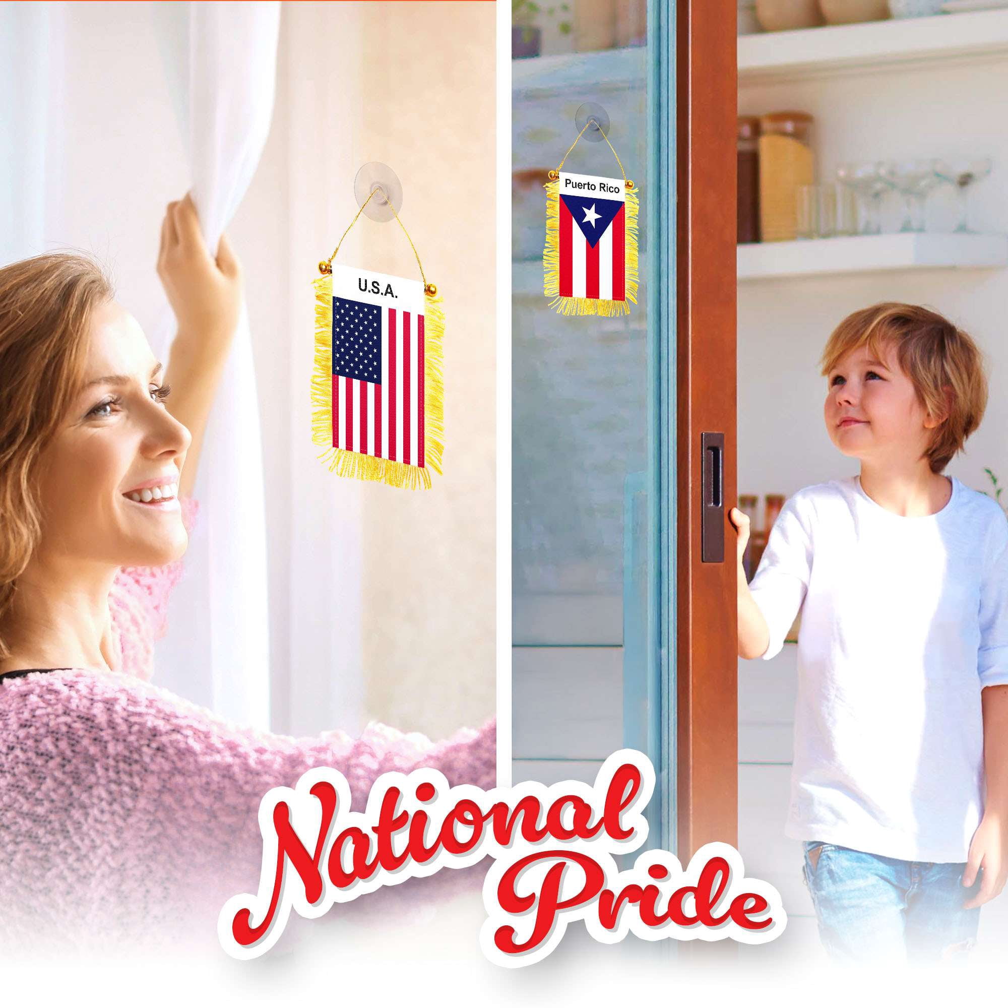 G128 Combo Pack: American USA & Puerto Rico Fringy Flag Double Sided 3x5 In | Both Fringy Hanging Flag with Suction Cup