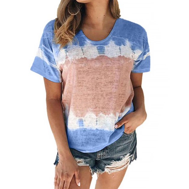 Qarigey Camisa de manga corta con cuello y estampado teñido de corbata para mujer Prendas para la parte del cuerpo Azul XXL Qarigey AP002430-05