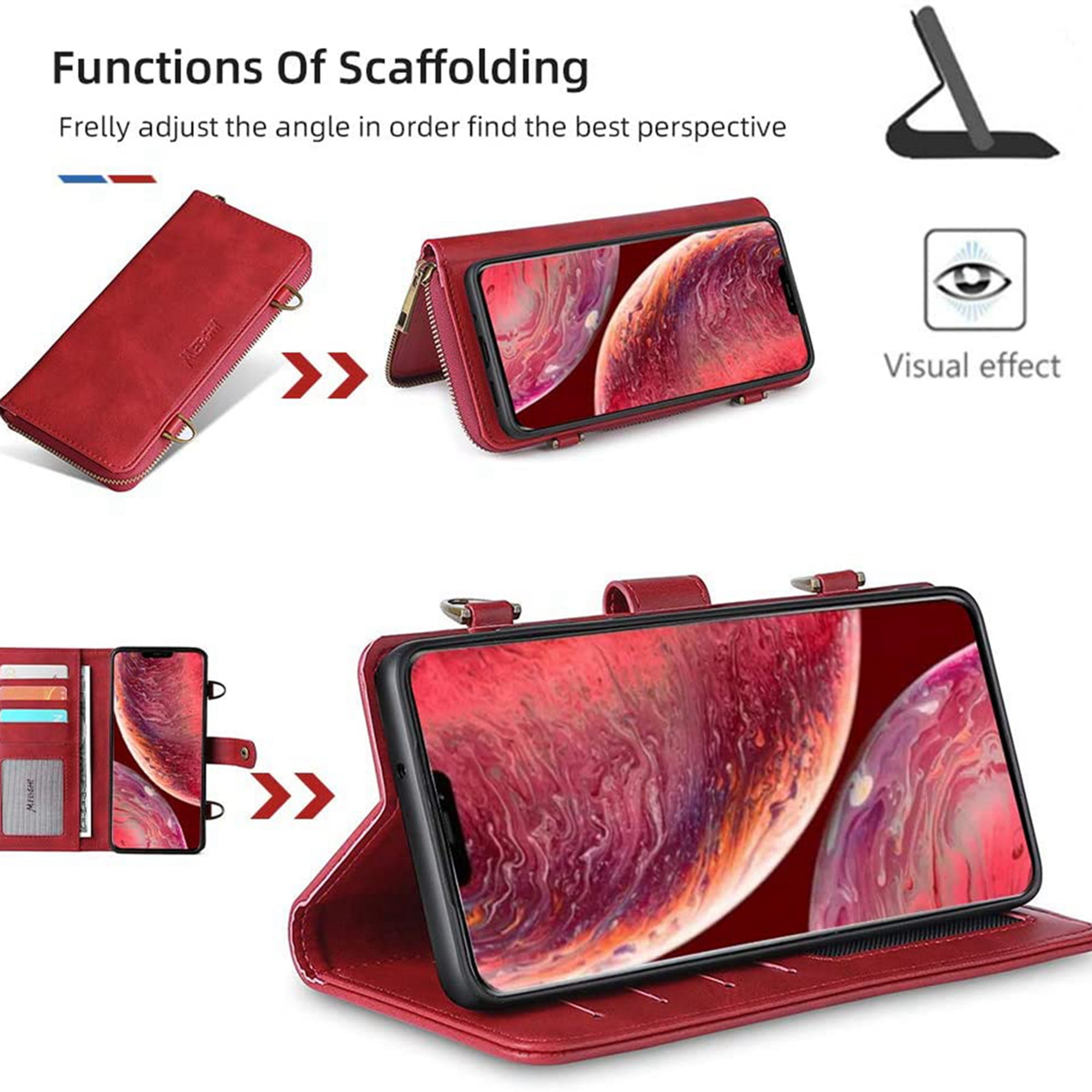 Dteck Wallet Case for iPhone 12 Pro / iPhone 12 6.1-inch, 2 in 1 Magnetic Detachable Wallet Purse [Crossbody Chain] Durable PU Leather Zipper Handbag Folio Flip Card Slot Protection Back Cover, Red