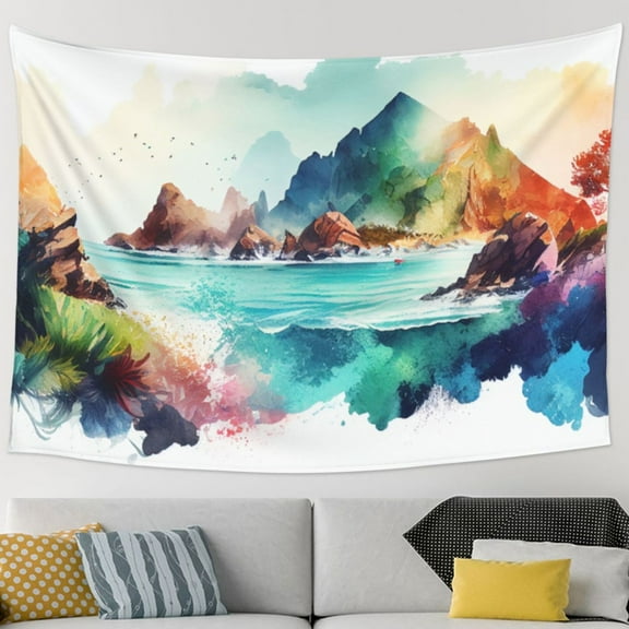 Watercolor Mountain Lake Artwork Pattern Large Tapestry, Aesthetic Tapestries Wall Hanging for Bedroom Living Room College Dorm Decor, 90 x 60 inches