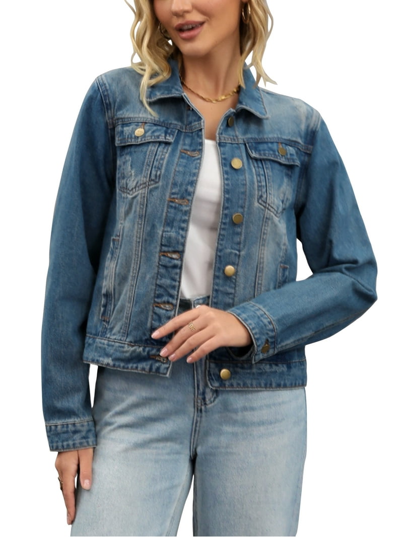 INSPIRE CHIC Women's Jean Jacket Casual Long Sleeve Washed Button