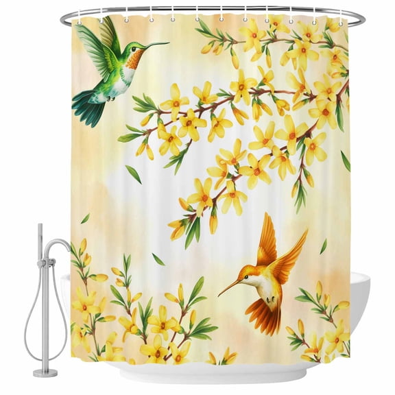 Watercolor Floral Shower Curtain Set - Small 36" x 72" Washable Bathtub Curtain with 12 Hooks, Yellow Flower Hummingbirds Botanical Spring Waterproof Fabric Shower Curtains for Bathroom/Bathtub