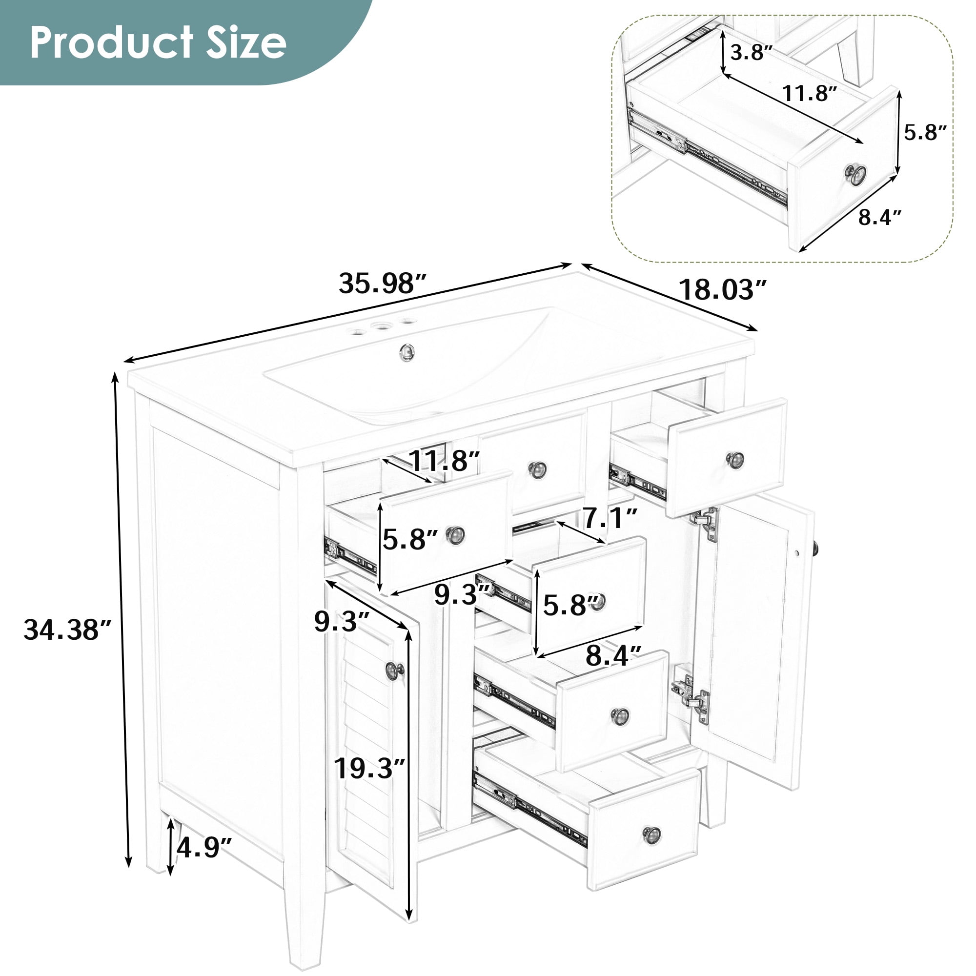 SogesPower 36" Bathroom Vanity with Ceramic Sink, Solid Wood Bathroom Makeup Cabinet with 2 Cabinets and 5 Drawers, Modern FreeStanding Single Basin Vanity Set for Bathroom, Grey