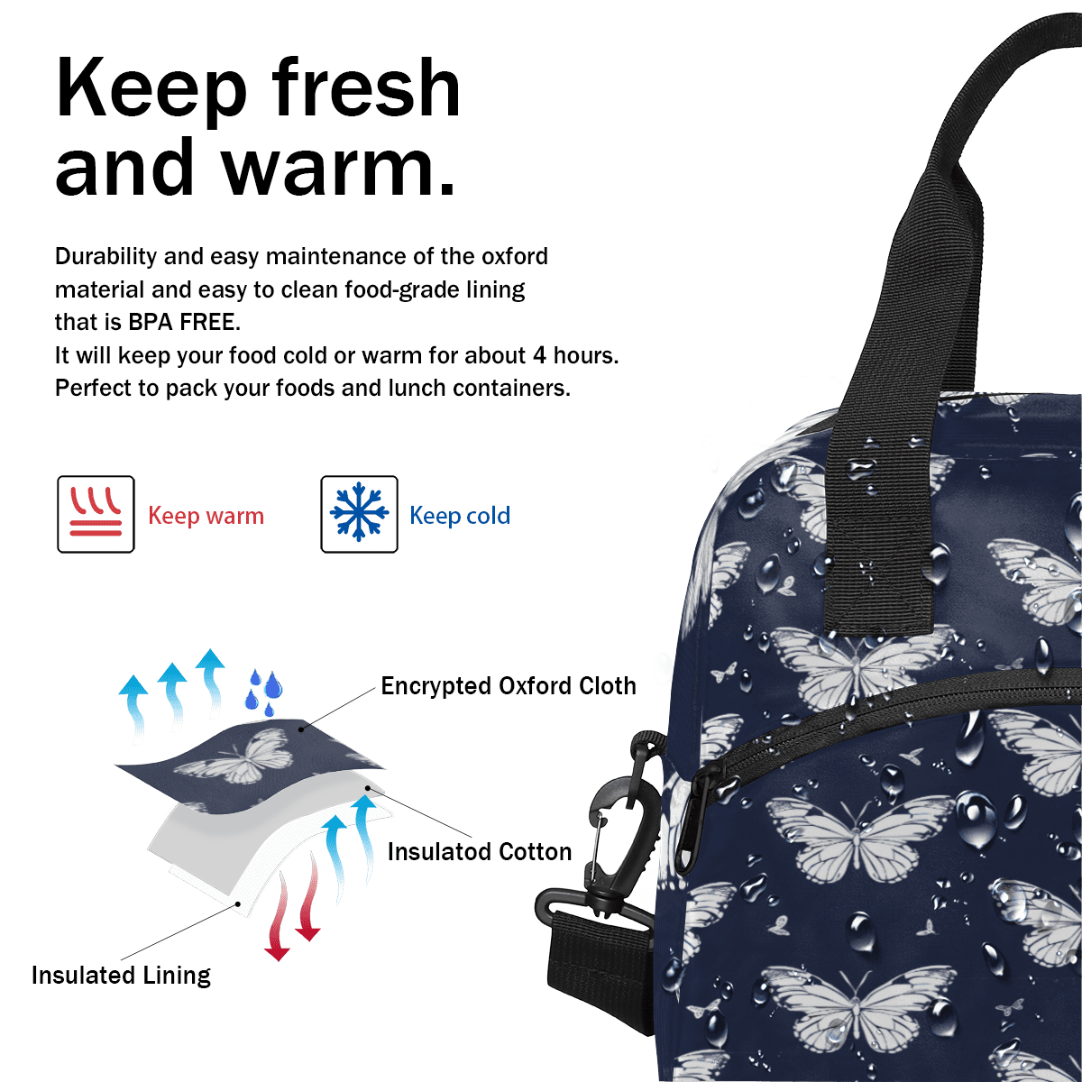 Herdesigns Butterfly Insulated Lunch Bag for Women Men Adults Large Reusable Lunch Box Butterfly Print Leakproof Cooler Tote Bags with Adjustable Shoulder Strap