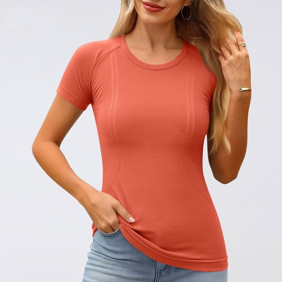 Short Sleeve Workout Tops for Women Seamless Women's Compression Shirt Yoga Running Athletic Shirts Soft Gym Tops T Shirts Basic Crewneck Short Sleeve Slim Tight Fit Going Out Tops