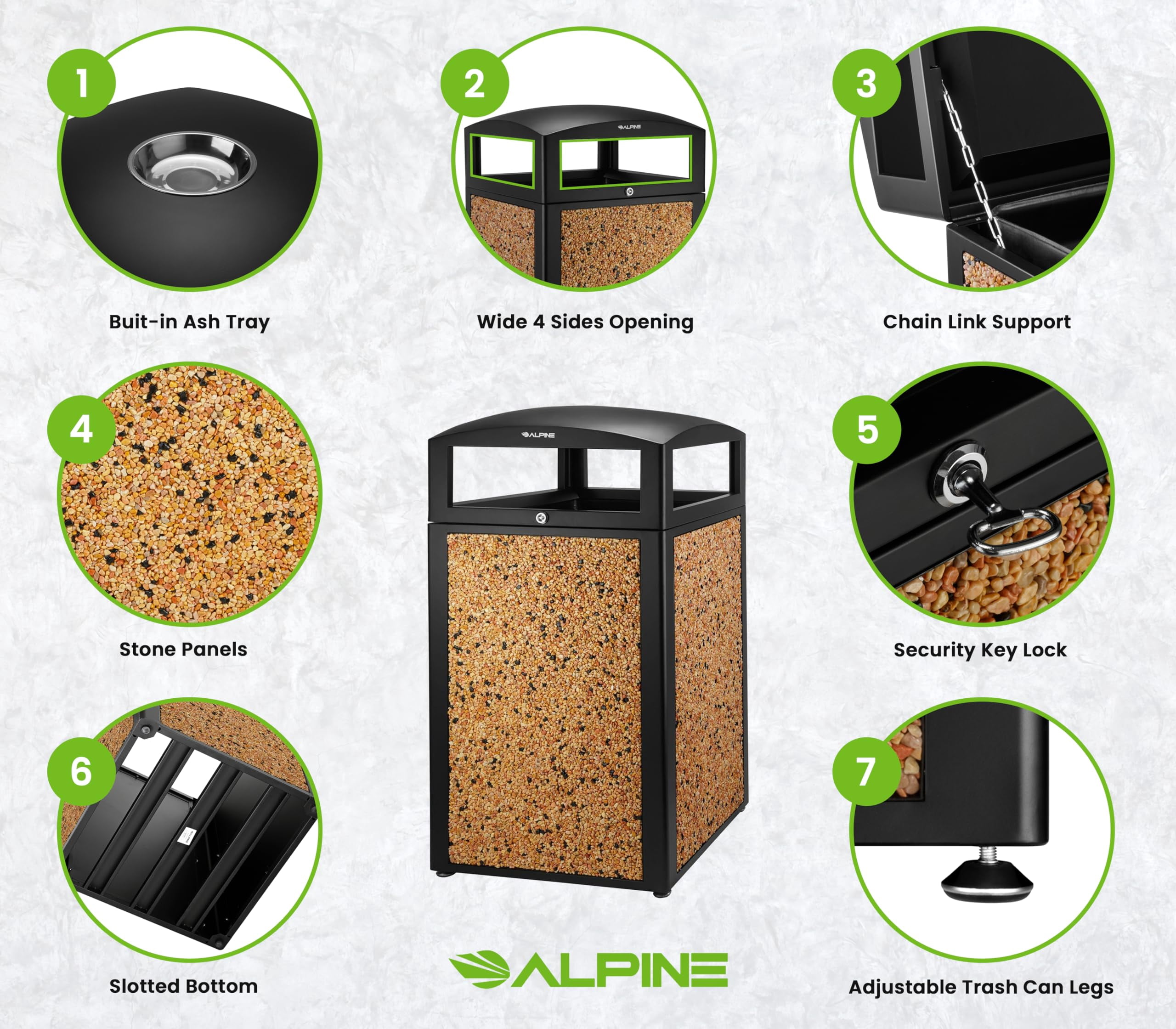 Alpine Outdoor Commercial Trash Can with Lid - 40 Gallon Heavy Duty Metal Garbage Can with Removable Bin, Locking Lid, Perfect for Park, Mall (Black, Brown Stone Panels with Tray)