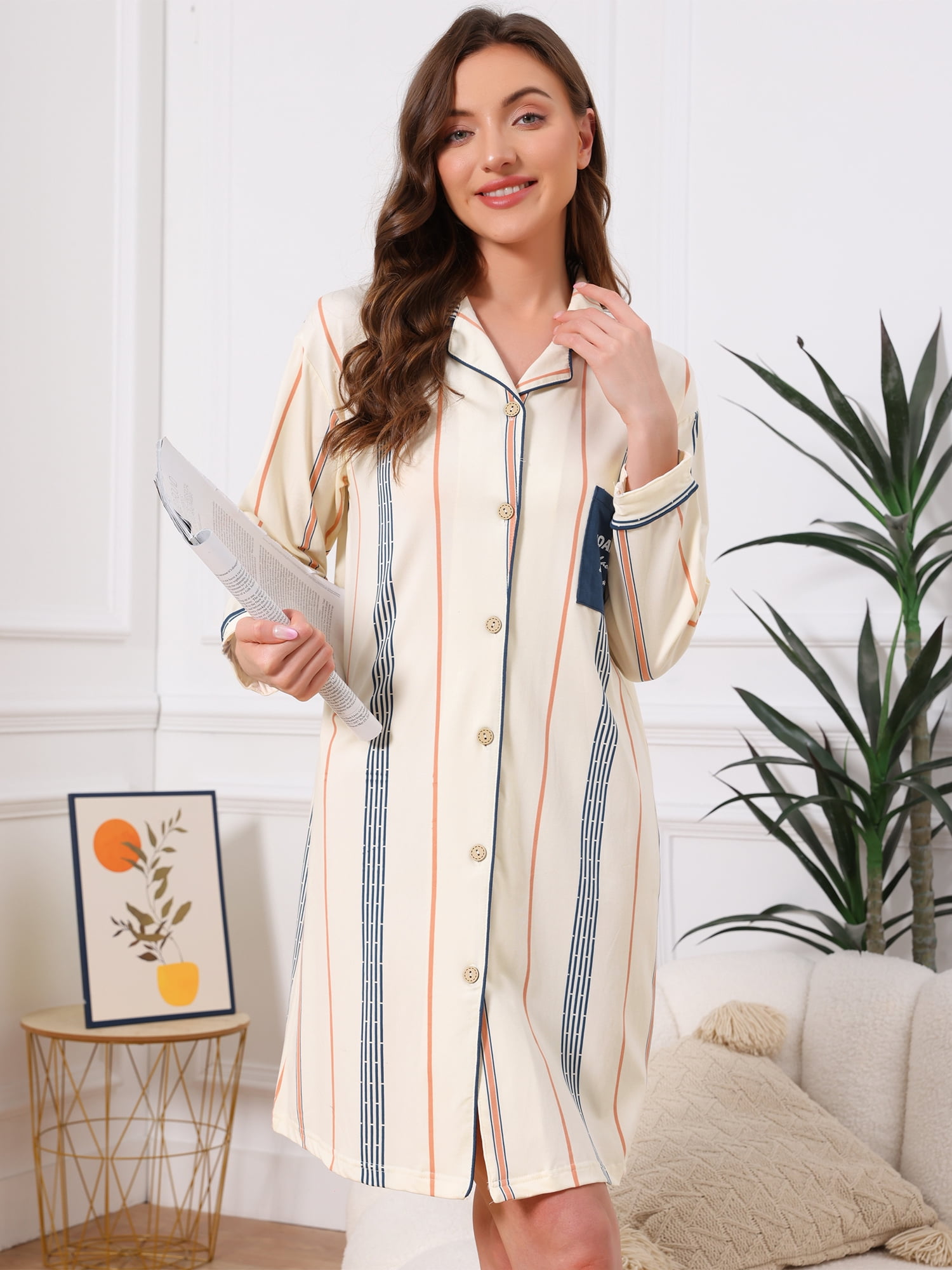 DARING DIVA Women's Striped Button Down Long Sleeve Pajama Dress S Blue Stripe