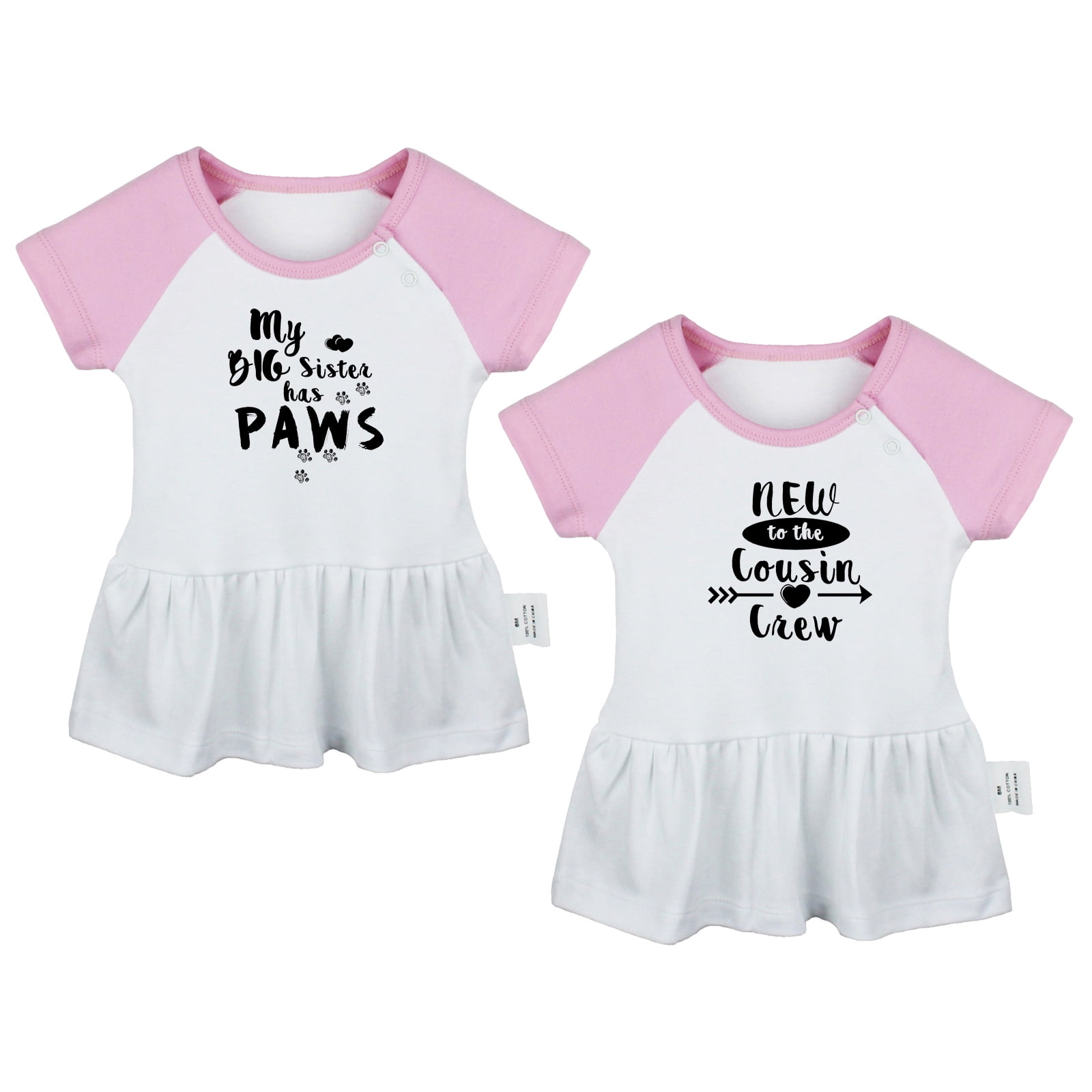 Pack of 2, New To The Cousin Crew & My Big Sister Has Paws Funny Dresses For Baby, Newborn Babies Skirts, Infant Princess Dress, Toddler Frocks (Pink Raglan Dresses, 0-6 Months)