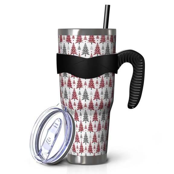 40oz Tumbler,Red and Gray Christmas Tree Pattern Insulated Tumblers with Removable Handle,Stainless Steel Double Vacuum Coffee Tumbler Cup with Straw for Home,Office,Travel,Party