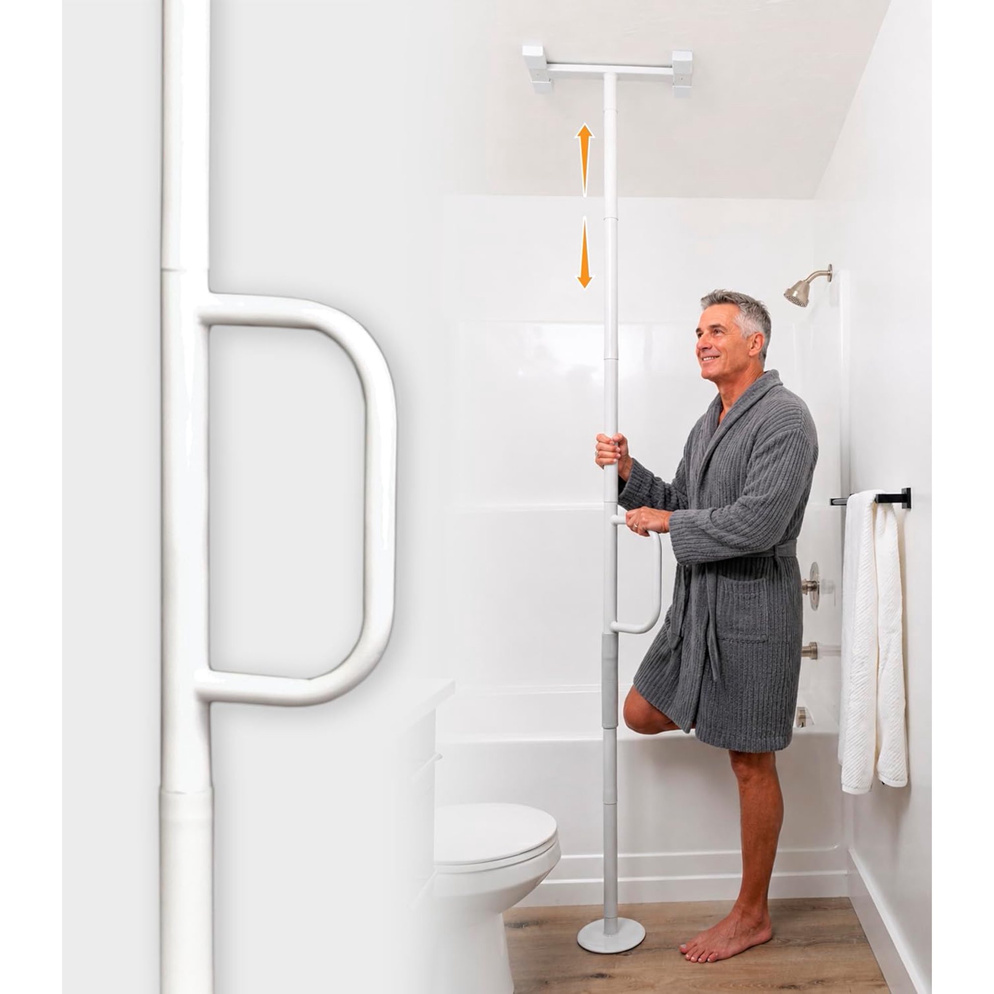Single Handle Non-Rotating Floor to Ceiling Grab Bar, No-Drill Tension Mounted Transfer Pole for Seniors, Bath Safety & Bedside Assist Rail for Home Standing Support & Fall Prevention, White