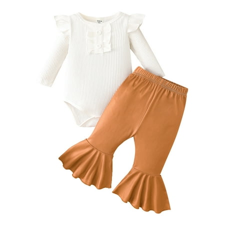 

Zlekejiko Girls Ruffles Long Sleeve Solid Ribbed Romper Solid Trumpet Pants Outfits