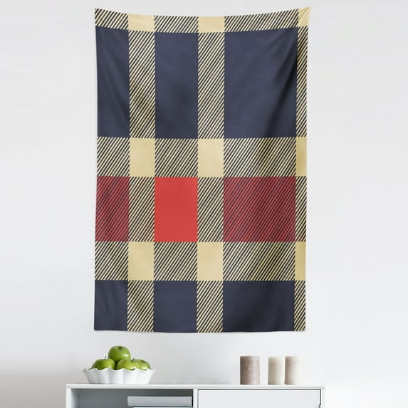 Checkered Tapestry, Vintage Plaid Scottish Tartan Pattern with Retro Display Checks Lines, Fabric Wall Hanging Decor for Bedroom Living Room Dorm, 5 Sizes, Dark Blue Coral Cream, by Ambesonne