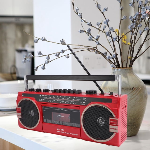 Lecteur de Cassettes Rétro Enregistreur Radio AM SW avec Haut-Parleur Bluetooth, à Piles Alimenté par C.a., Enregistreur Lecteur de Cassettes Fente USB Rouge