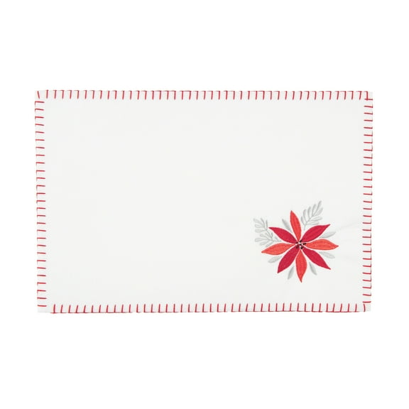 Poinsettia Felt Single Placemat White Embroidered Edge Red, 12" x 18"