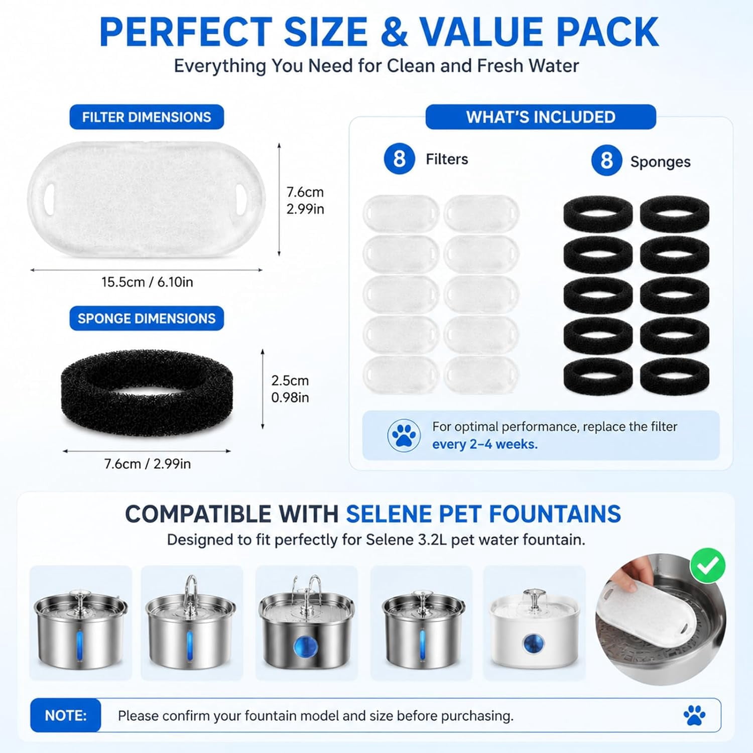 Dog Water Fountain Replacement Filters, Compatible with Selene Dog Water Fountain 3.2L Replacement Filte,8 Pack