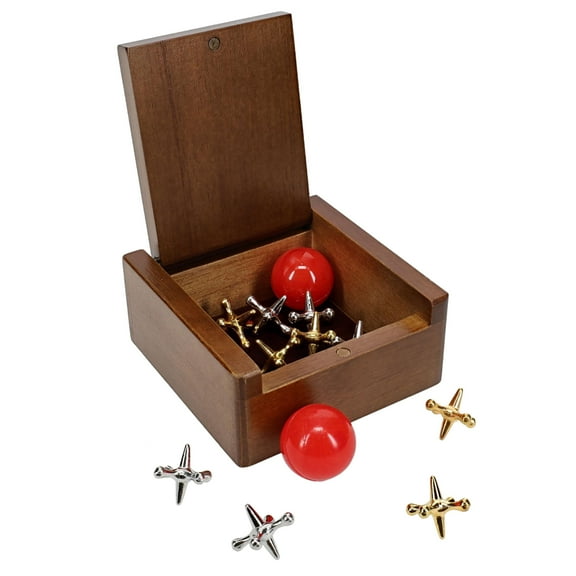 WE Games Old-Fashioned Metal Jacks in a Walnut Stain Wooden Box