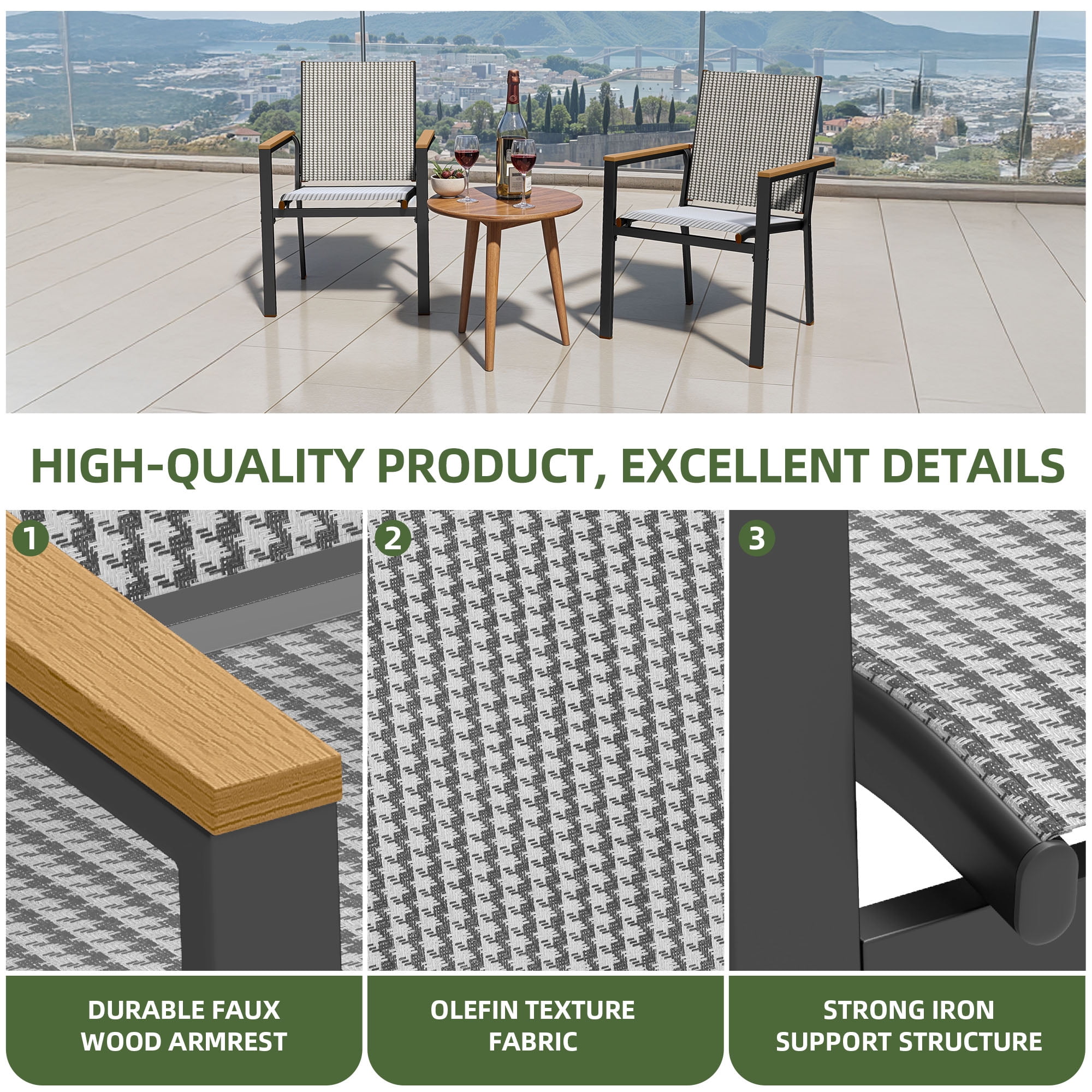 Uforic Stackable Chairs-2PCS Outdoor Dining Chair, Patio DiningChair, Textilene Mix Olefin Stacking Chair, Black & White