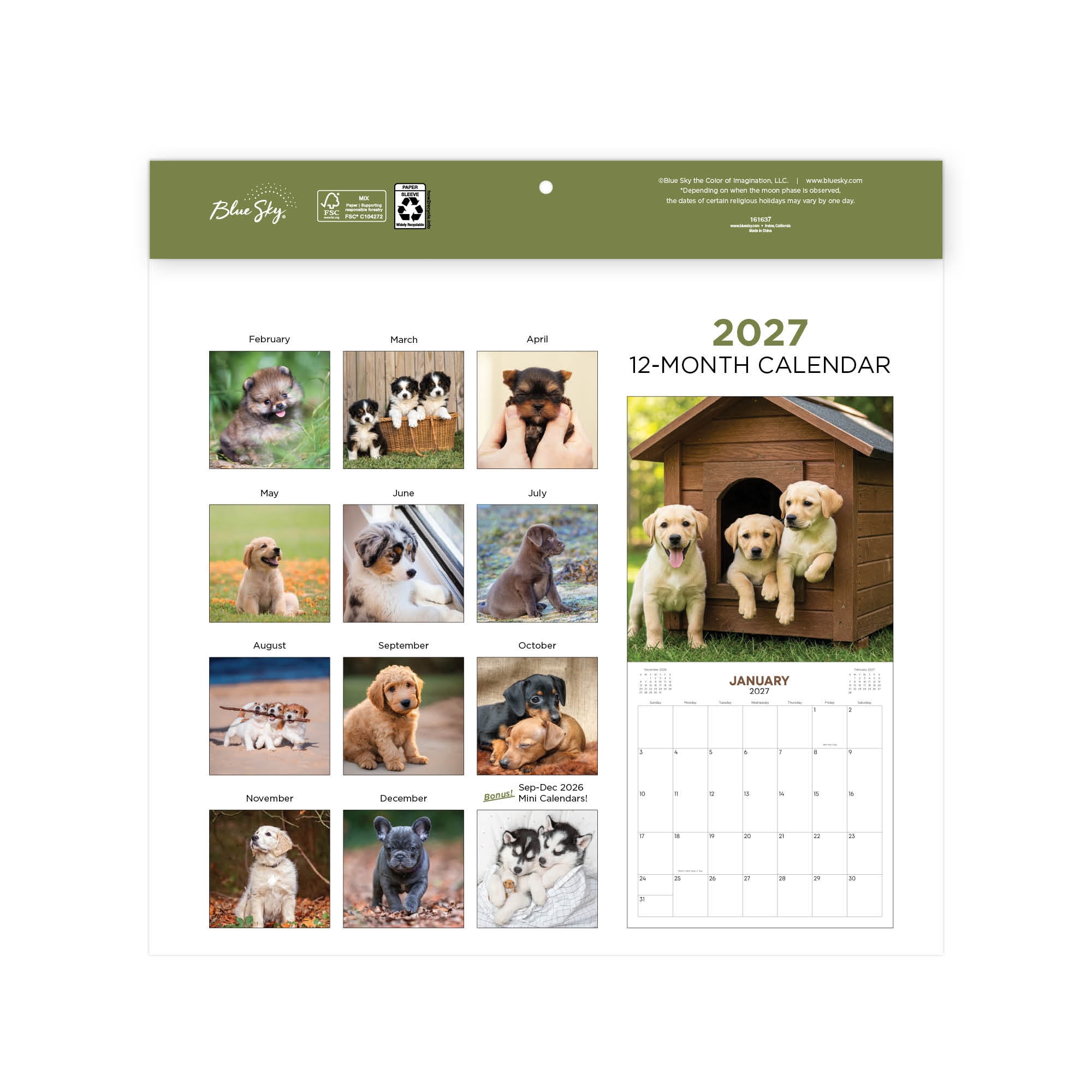 Blue Sky Monthly Stapled Calendar 12" x 12" Puppies (Jan 2027 - Dec 2027)