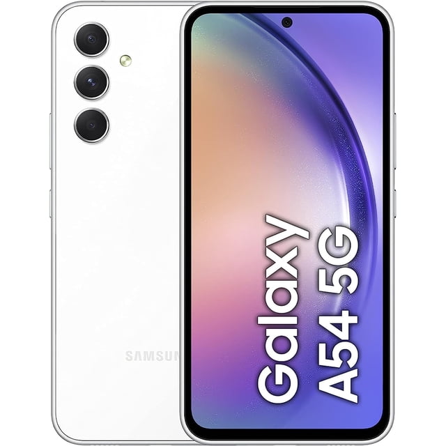 samsung galaxy a54, pantalla de 6,4" y 120 hz | 5g + 4g lte (128 gb + 6 gb) gsm, desbloqueado, versión internacional, dual sim | nuevo Vista centrada frontal y posterior del Samsung Galaxy A54 en blanco: pantalla Super AMOLED 6.4" con perforación central para selfie, bordes delgados y texto en pantalla; trasera con triple cámara vertical (50 MP principal, 12 MP ultra gran angular, 5 MP macro), flash y logo Samsung; marco metálico y puerto USB-C visibles; IP67 contra polvo y agua indicado en especificaciones; suitable para uso como dispositivo principal en viajes por su almacenamiento ampliable y batería de 5000 mAh.