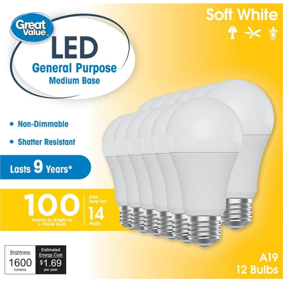 Great Value A19 LED Light Bulbs, 100 Watts Eqv, Soft White, General Purpose Light Bulbs, 9yr, 12 pack