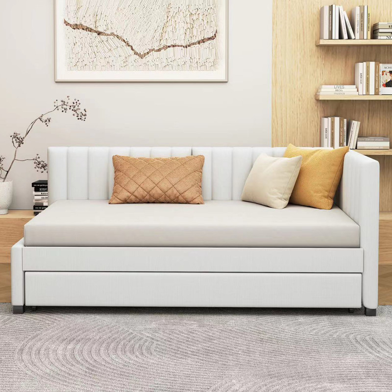 Aukfa Daybed with Trundle, Twin Size Upholstered Bed Frame, Beige