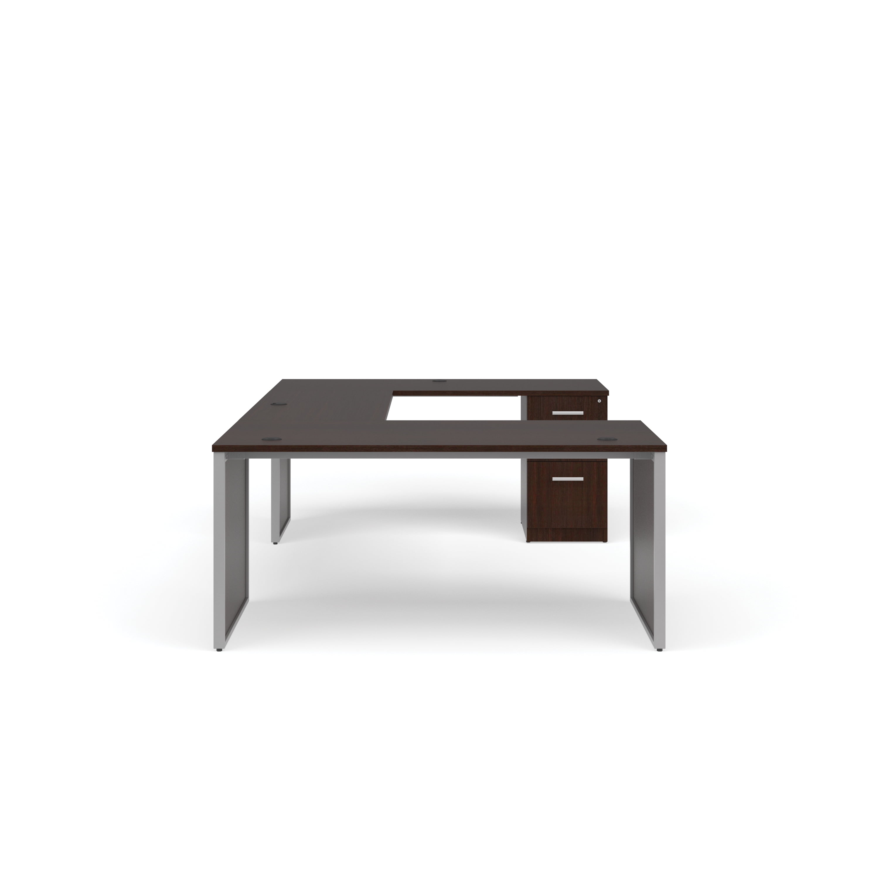 OFM Fulcrum Series Office Furniture Set, 66" U-Shaped Desk with Bridge, Credenza, 3-drawer Filing Cabinet, Leg Panels, in Espresso