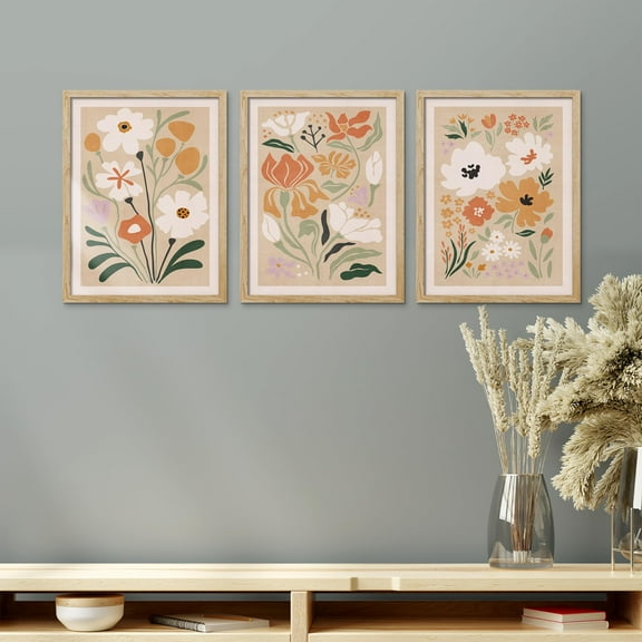 PixonSign Framed Canvas Print Wall Art Set - Minimal Boho Flowers Market Poster Art - Set of 3 Nature Wilderness Botanical Floral Wall Décor Colorful Warm for Living Room - 12"x16"x3 Natural