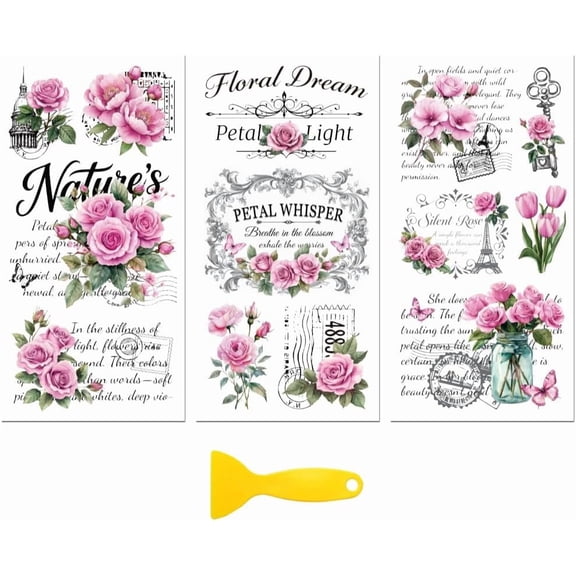 1set Rub on Transfer Decal Sticker for Furniture Craft Decor 6"x12" Simple Purple and Pink Floral Text 3Pcs Waterproof UV DTF Transfer for Drawer Dresser Glass Porcelain Wood Plastic Colorful