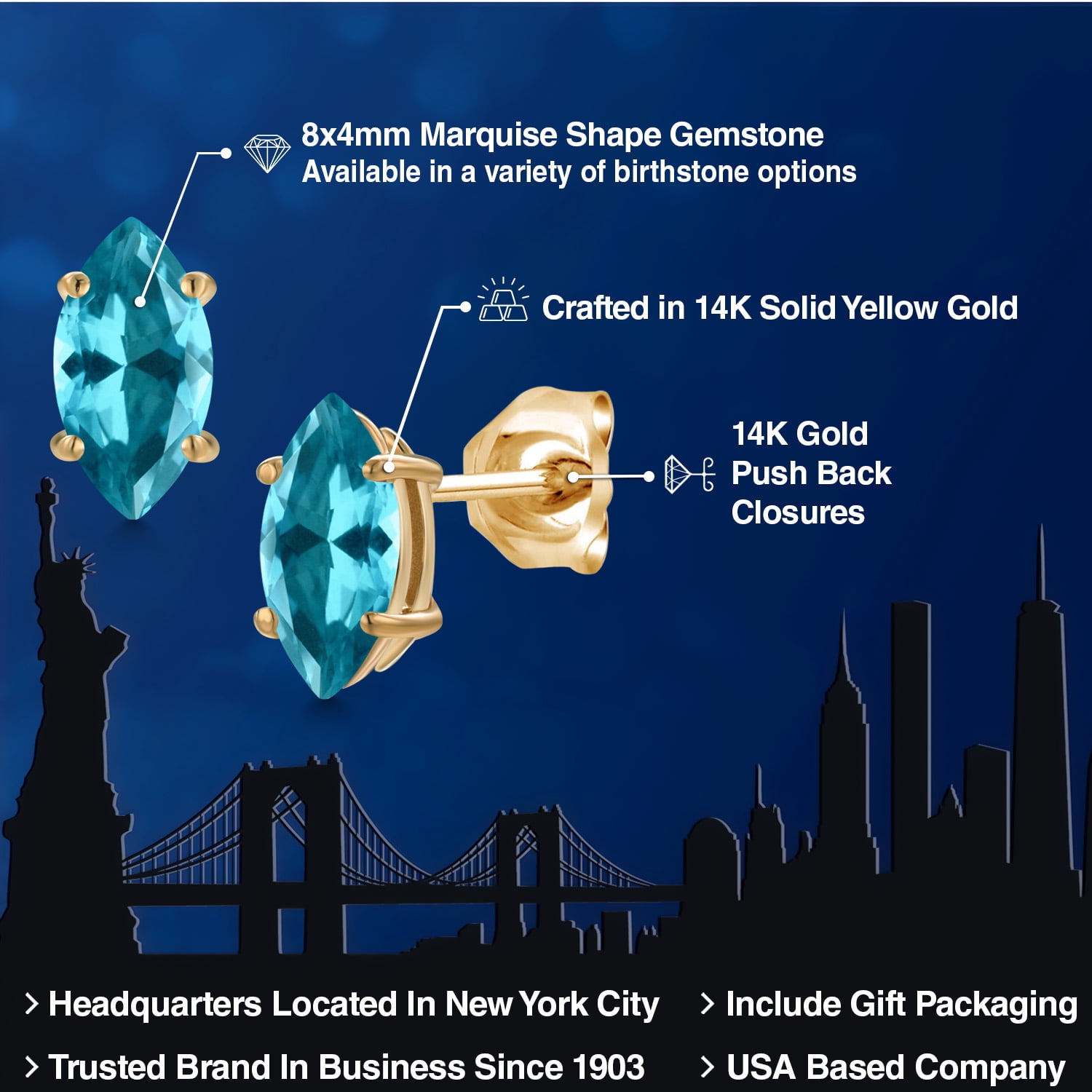 Gem Stone King 14K Yellow Gold Paraiba Topaz Doble Notch Stud Earrings for Women Men | 1.20 Cttw | Gemstone November Birthstone | Marquise 8X4MM