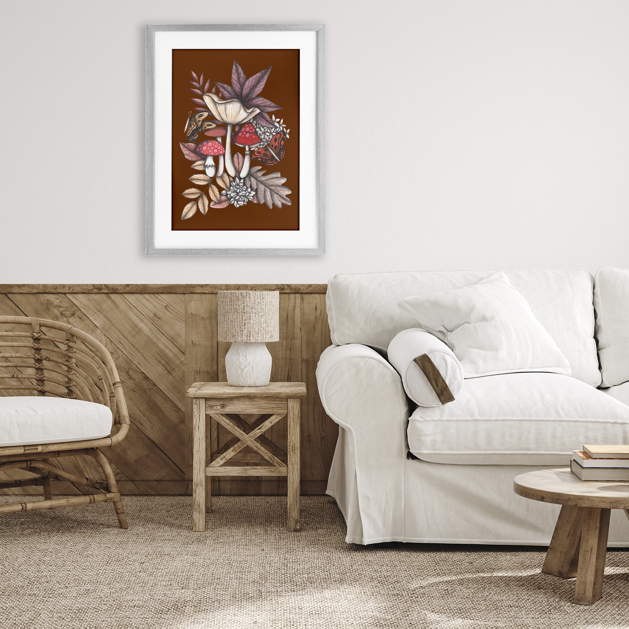 Autumn Mushrooms Magic Gray Framed Print Under Glass, design by Cecilia Battaini