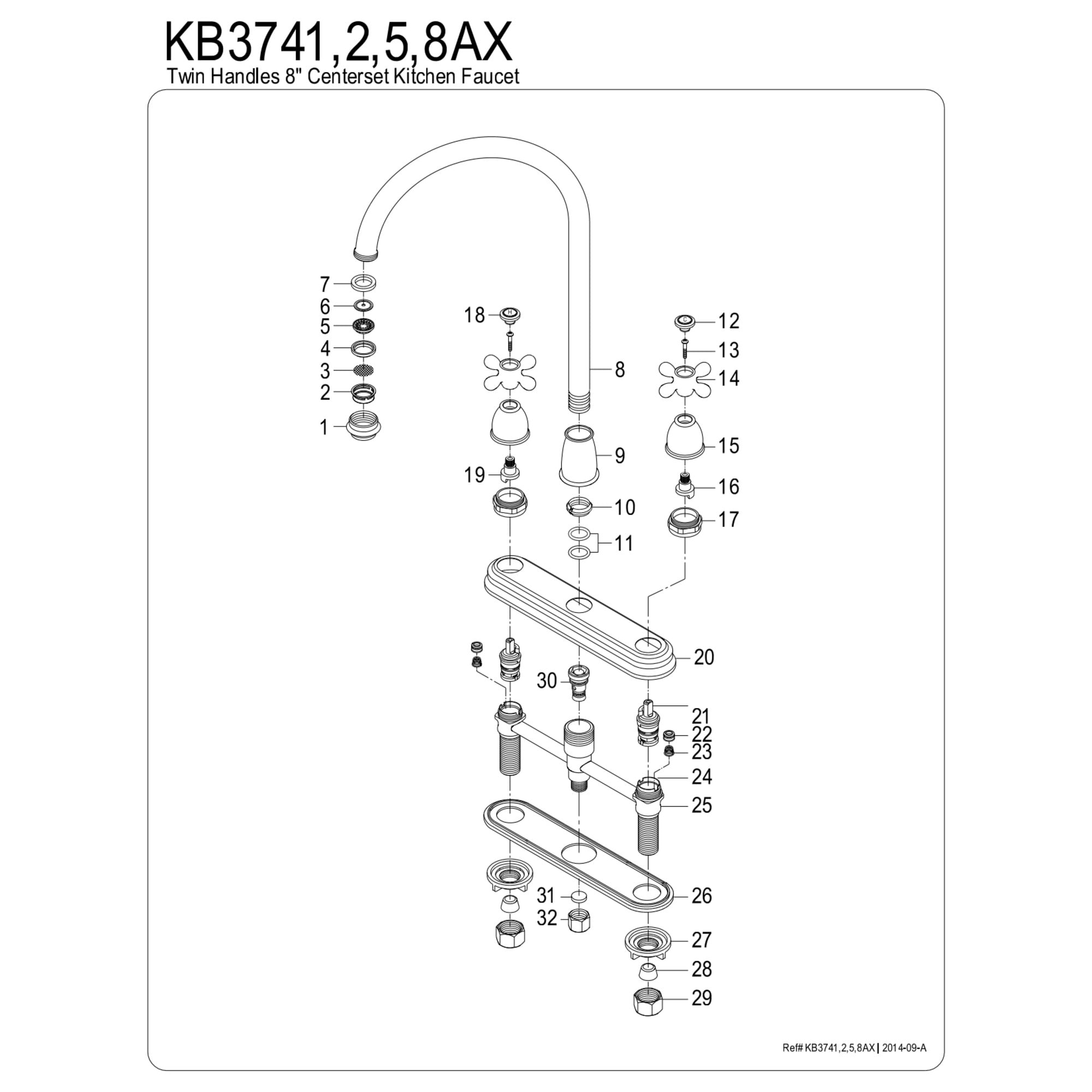 Kingston KB3742AX Restoration Two-Handle 3-Hole 8" Centerset Kitchen Faucet in Polished Brass