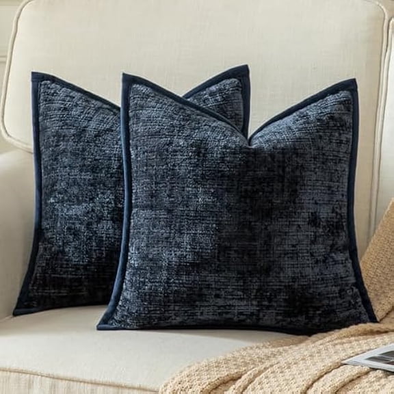 Eryueer Pack of 2 Chenille Textured Decorative Cushion Covers Accent Solid Throw Pillow Covers Soft Cozy Pillow Case with Velvet Back for Couch Sofa Bed Living Room 24x24 Inch 60x60cm Dark Blue