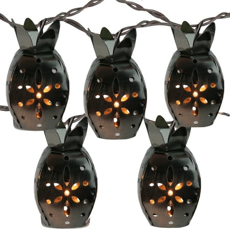 Christmas Pineapple - Set of 10 Distressed Metal Tropical Pineapple Fruit Christmas Lights - 7.5 ft Brown Wire