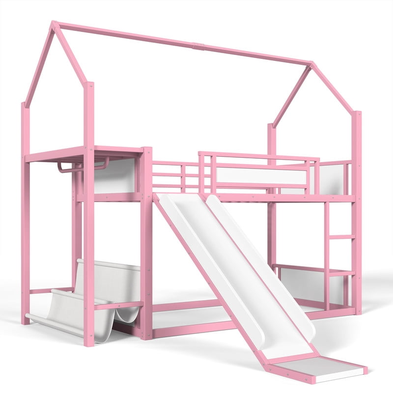 Twin Over Twin Metal Bunk Bed with Slide, LED Hanging Area, Fabric Storage Shelf, Power Outlet, House-Shaped Playhouse Frame, Safety Guardrails, Ladder, Low Profile Kids Bunk Bed