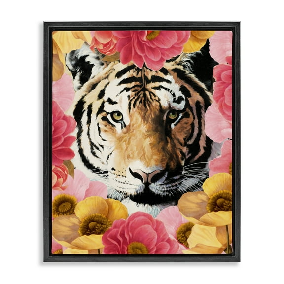 Stupell Industries Tiger on Dahlia Florals Animals Painting Black Floater Framed Canvas Art Print Wall Art, 17 x 21
