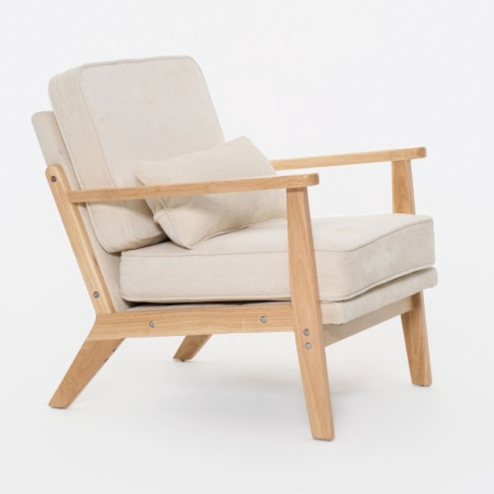 Mid-Century Modern Lounge Chair Single Living Room Chair with Lumbar Pillow, Upholstered Accent Chair with Straight Wood Armrests for Bedroom Indoor, Beige