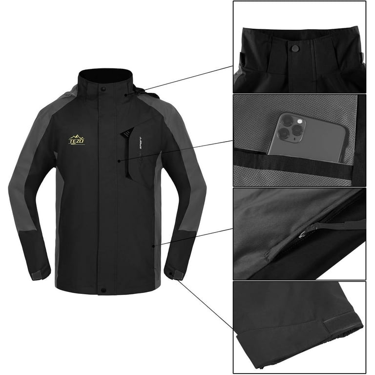 TEZO Mens Rain Jacket Waterproof with Hooded Hiking Coat Lightweight  Windbreaker X-Large Black