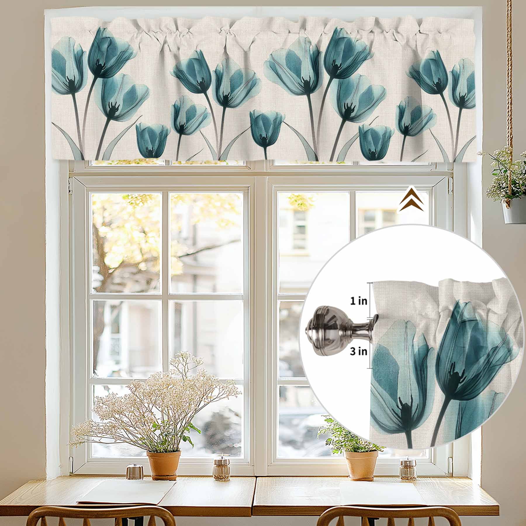 Teal Tulip Valances for Windows, 54 x 18in, Minimalist Modern Flower Art Linen Background Rod Pocket Kitchen Valance Curtain Light Filtering Window Treatments for Living Room Bedroom, 1 Panel