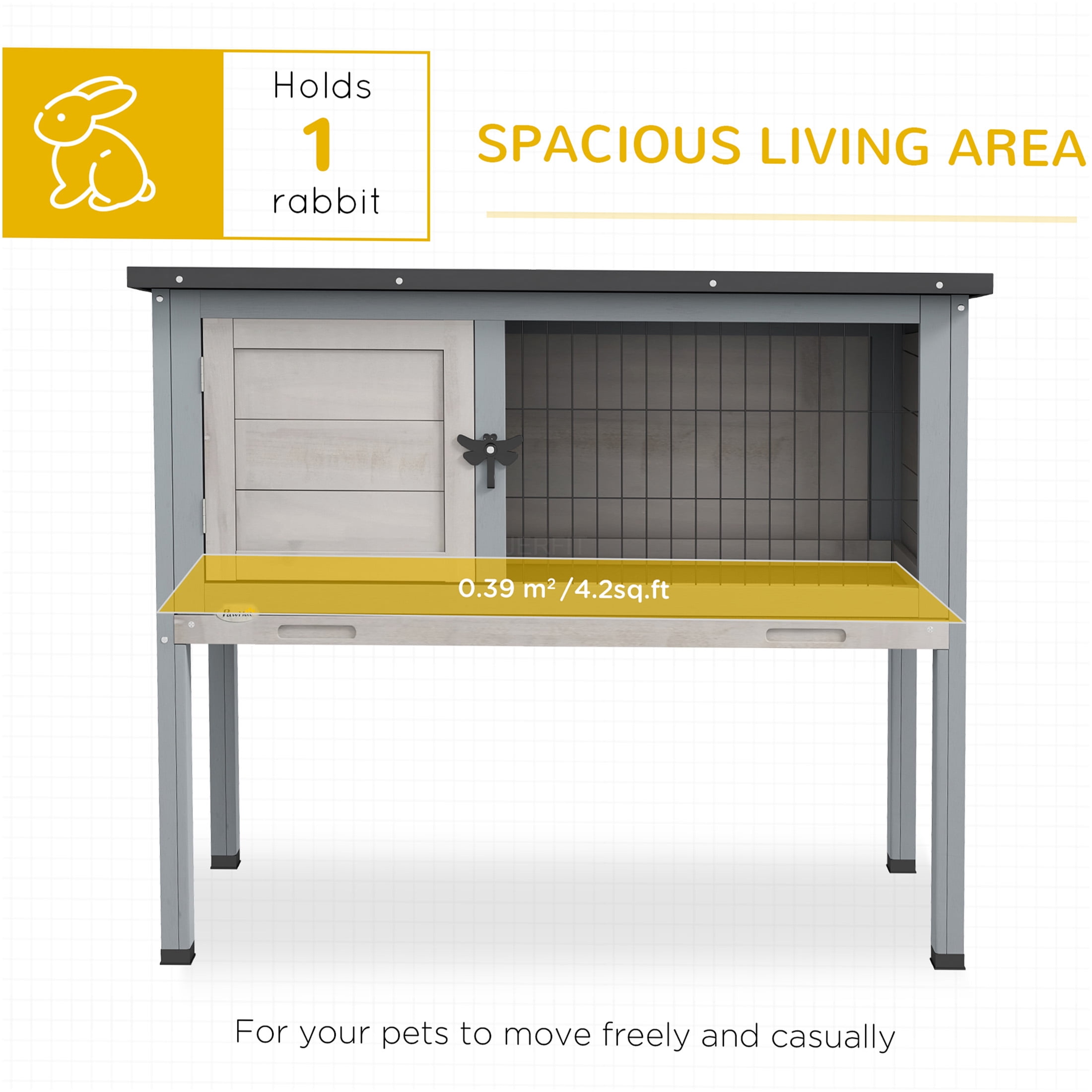 JERFIT Elevated Rabbit Hutch with Removable Tray, Indoor Outdoor Wooden Bunny Cage with Asphalt Roof for Rabbits Guinea Pigs, Gray