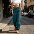 thumbnail image 5 of Zynoxe Womens Cotton Linen Pants Casual Pleated Elastic Waisted Drawstring Baggy Pants with Pockets Lounge Loose Fit Beach Vacation Pants Navy S, 5 of 8