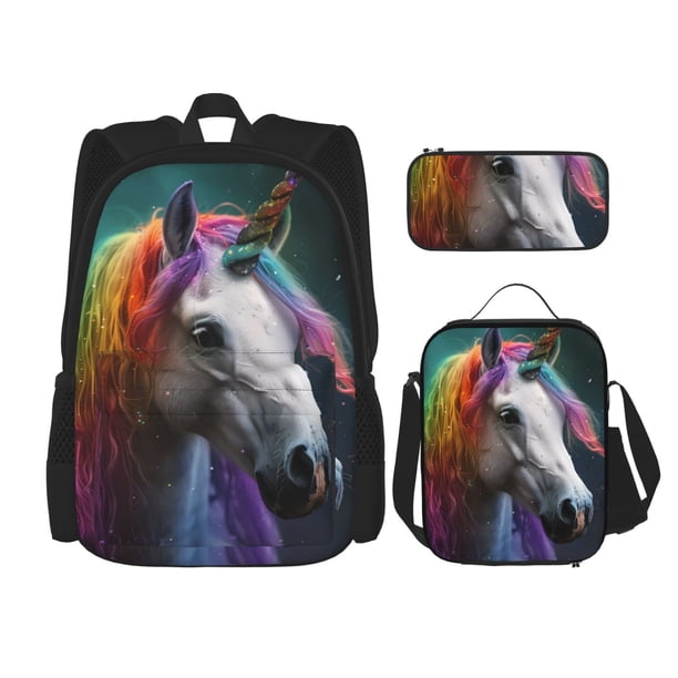 Balery Colorful Haired White Horse Mochila Escolar 3 en 1 para Niños - Mochila Resistente con Lonchera Térmica y Estuche - Mochila Escolar para Niños y Niñas