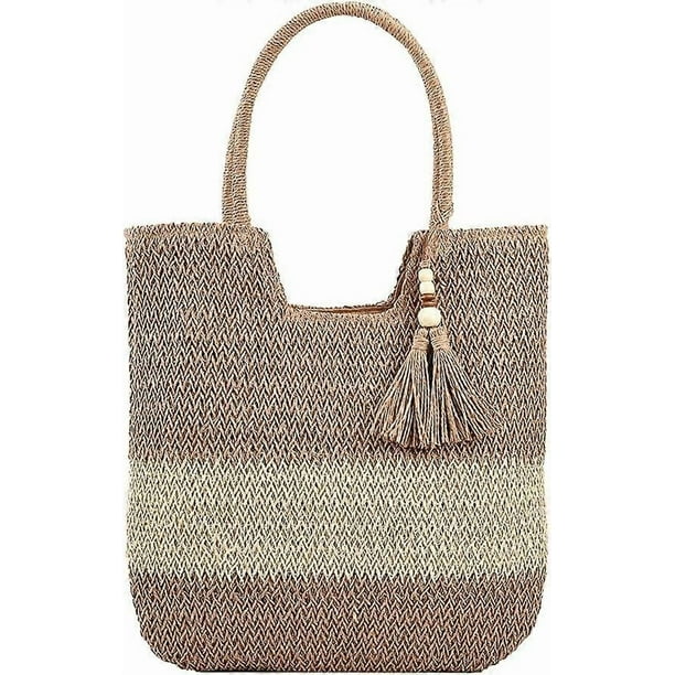 Straw Beach Bags for Women Summer Straw Bag Woven Tote Bag with Tassels Large Straw Shoulder Bag Woven Handbags with Zip for Travel, Shopping, Holiday