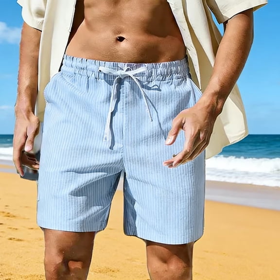 Summer Mens Shorts, LONKITO Beach Shorts with Pockets Drawstring Elastic Waist Stripe, Casual Vacation Hawaiian