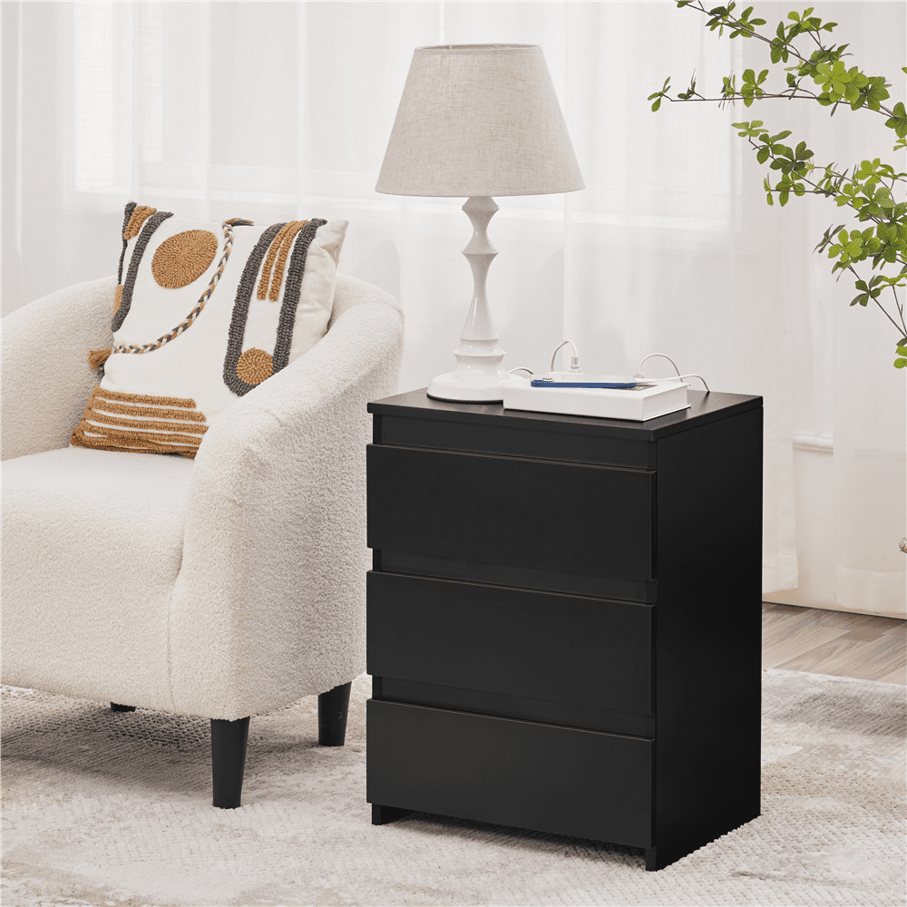 Renwick Minimalistic 3-Drawer Nightstand with Charging Station for Bedroom, Adults, Black